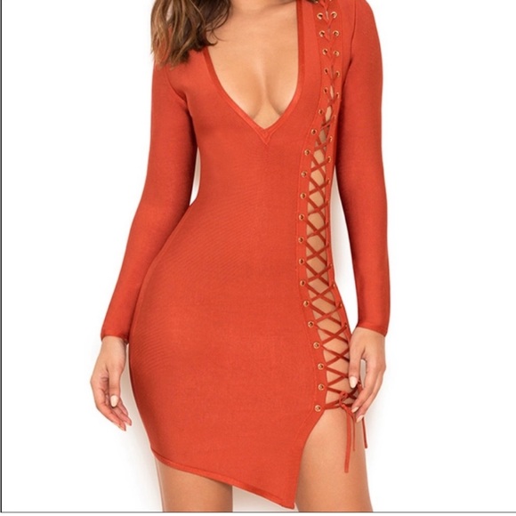 HOUSE OF CB London Bandage Dress Bodycon Mini Lace Up Plunge Neckline Size Small - Picture 3 of 11